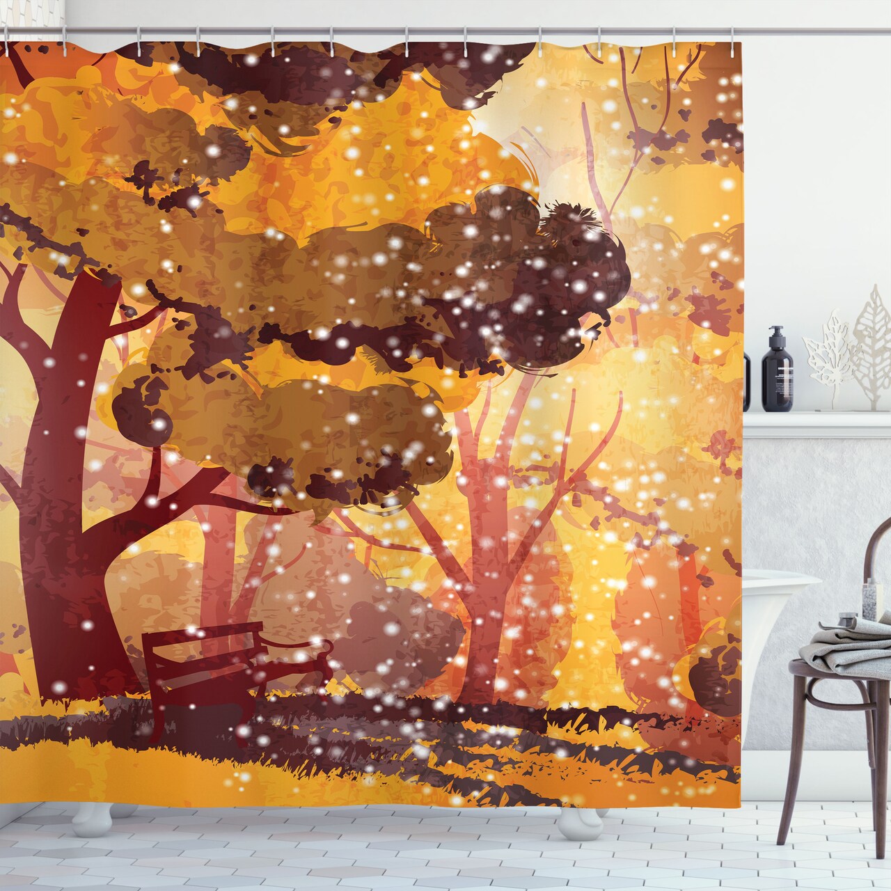 Ambesonne Nature Shower Curtain, Digital Illustration of Abstract Scene Trees and Bench with Winter Snowfall, Cloth Fabric Bathroom Decor Set with Hooks, 69" W x 70" L, Maroon Orange